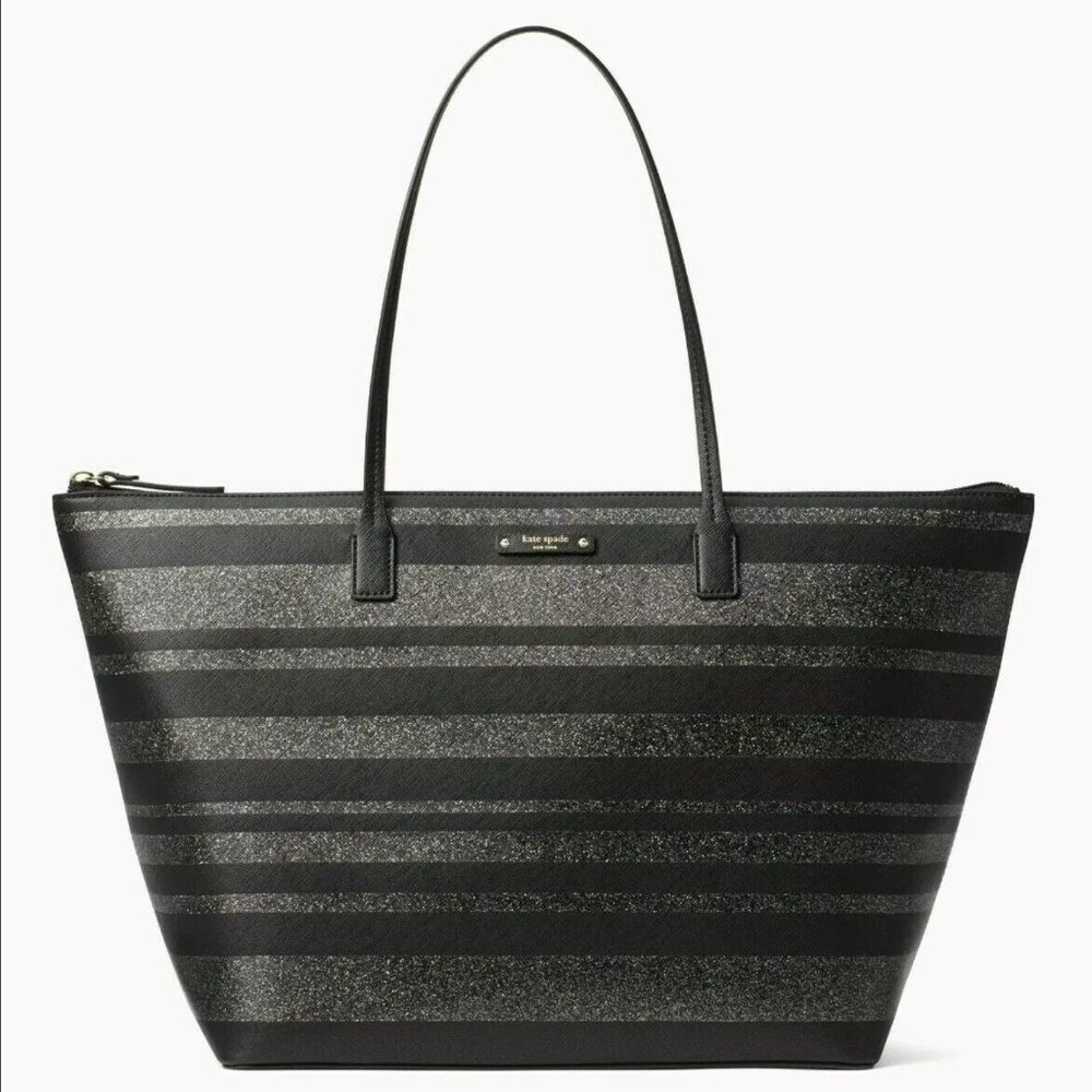 KATE SPADE Haven Lane Hani Striped Tote Bag in Black Silver Glitter